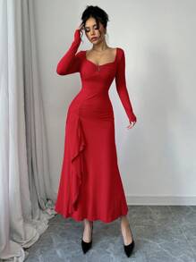 Red Color Square Neck Sexy V-Shaped Decorative Button Long Sleeve Waist Ruched Ruffle Elegant Dress,Fashionable,Romantic,Wedding Dating Evening Party Dress,New Women's Clothing - Red - View 5
