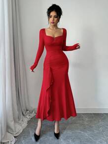 Red Color Square Neck Sexy V-Shaped Decorative Button Long Sleeve Waist Ruched Ruffle Elegant Dress,Fashionable,Romantic,Wedding Dating Evening Party Dress,New Women's Clothing - Red - View 4