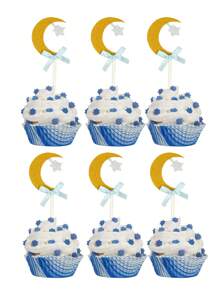 6 Stücke Mond Stern funkelnde Papier Cupcake Dekoration, goldener Mond und silberner Stern, rosa/blaue Schleife Kuchen Dekoration, geeignet für Geburtstags-Party, Geschlechter-Enthüllung, Hochzeit, Gabel Wild Horse Party Dekoration