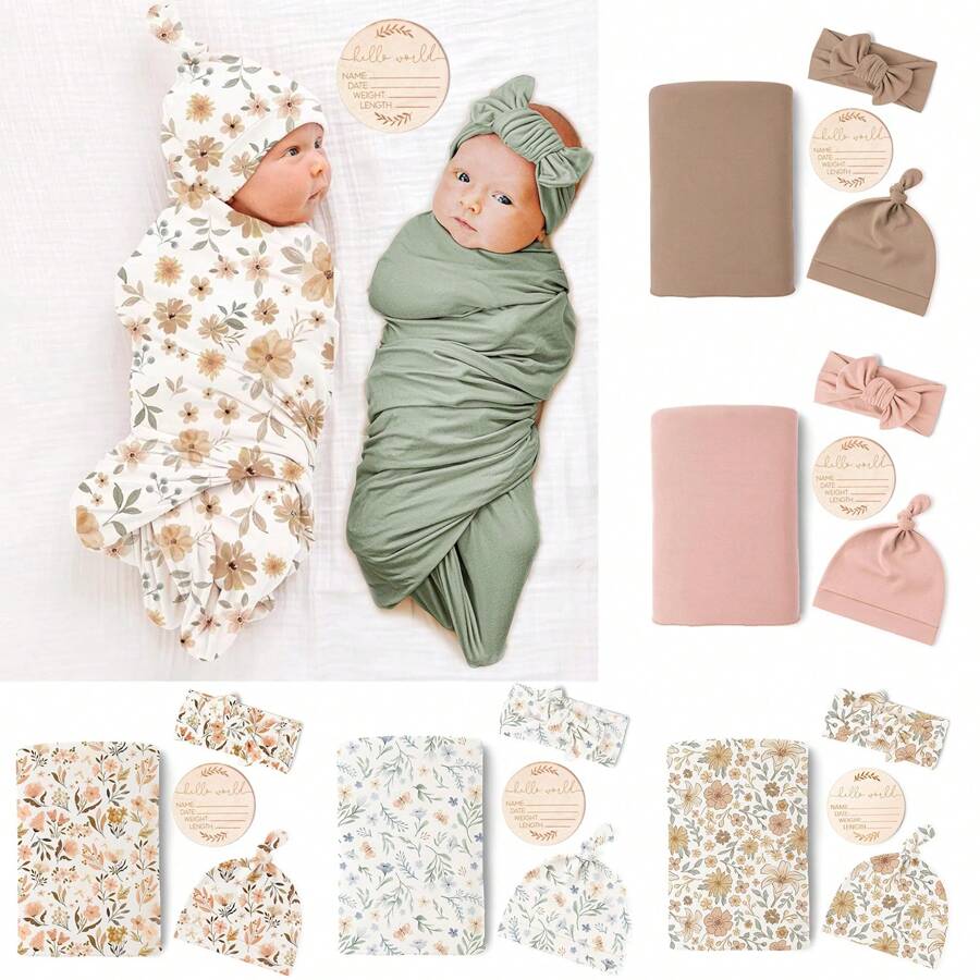 Set de 4 pièces de foulards imprimés pour bébé, foulards d'emmaillotage pour nouveau-nés, ensemble d'emballage, couvertures souples et extensibles pour bébé, couverture de réception pour nouveau-né, unisexe amour Saint-Valentin