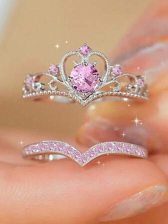 2 件套优雅奢华皇冠方晶锆石戒指，时尚镀铜首饰，送给她的完美情人节礼物