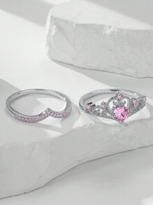 Conjunto de 2 peças elegantes anéis de zircônia cúbica de coroa de luxo, joias banhadas a cobre da moda, presente perfeito para o dia dos namorados para ela - Prata - Ver 2