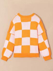 格纹橙色主教袖优雅毛衣，长袖上衣