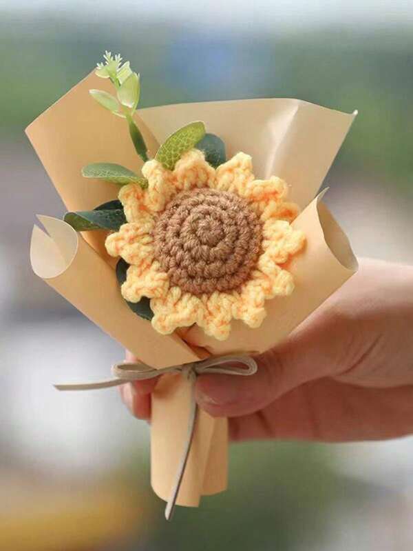 1 Bouquet Small Faux Knitting Sunflower With Eucalyptus Leaves, Autumn Artificial Crochet Flower Fake Plant Eucalyptus Flowers Bride Bouquets Arrangement For Home Mom Birthday Wedding Party