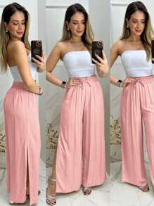 Women's Wide Leg Pants With Slit Lining - Màu Hồng baby - Xem 1