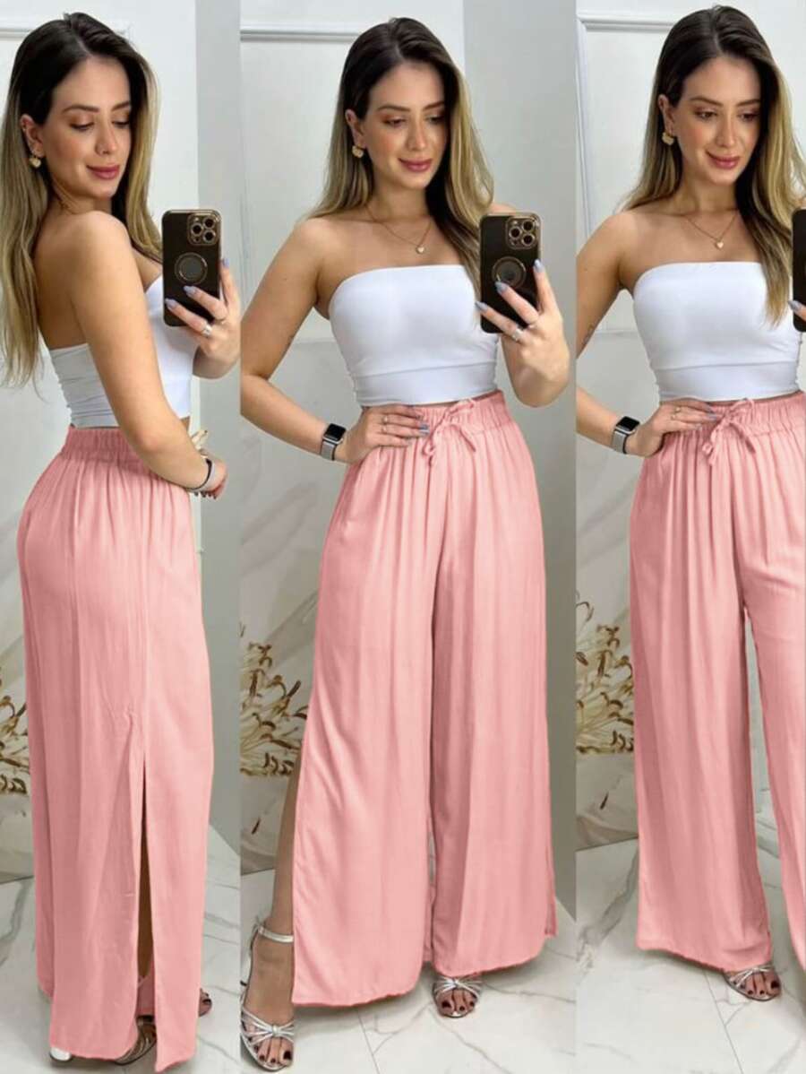 Women's Wide Leg Pants With Slit Lining - Màu Hồng baby - Xem 1