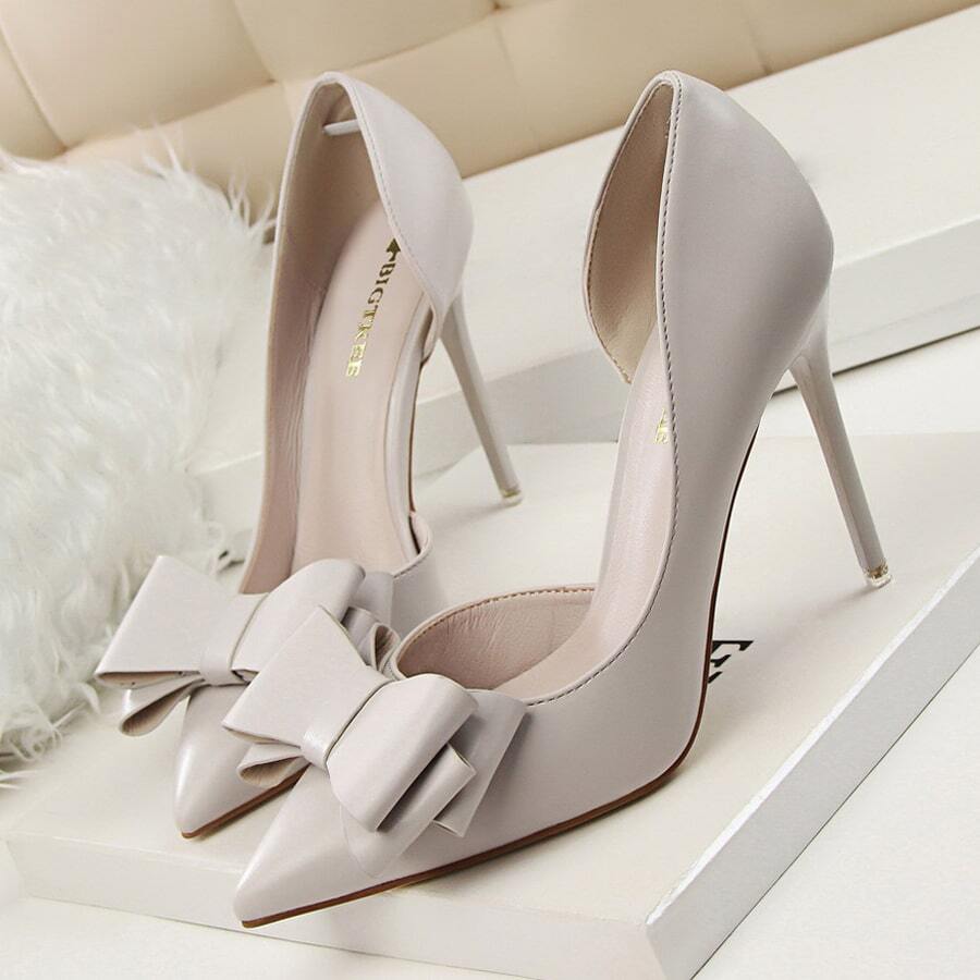 Womens Closed Toe Bow Stiletto Pumps Shoes Slip On, 4.13 Inch Sexy Pointed Toe High Heels For Women Work Wedding Party Dressy Prom Shoes Comfortable Valentines - Light Grey - View 1