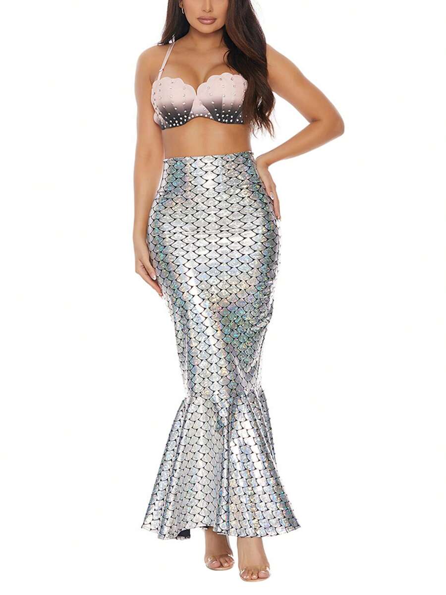 Women's Halloween Mermaid Costumes Featuring A High-Waisted Form-Fitting Fishtail Skirt Perfect For Cosplay Masquerade Role-Playing Party Attire