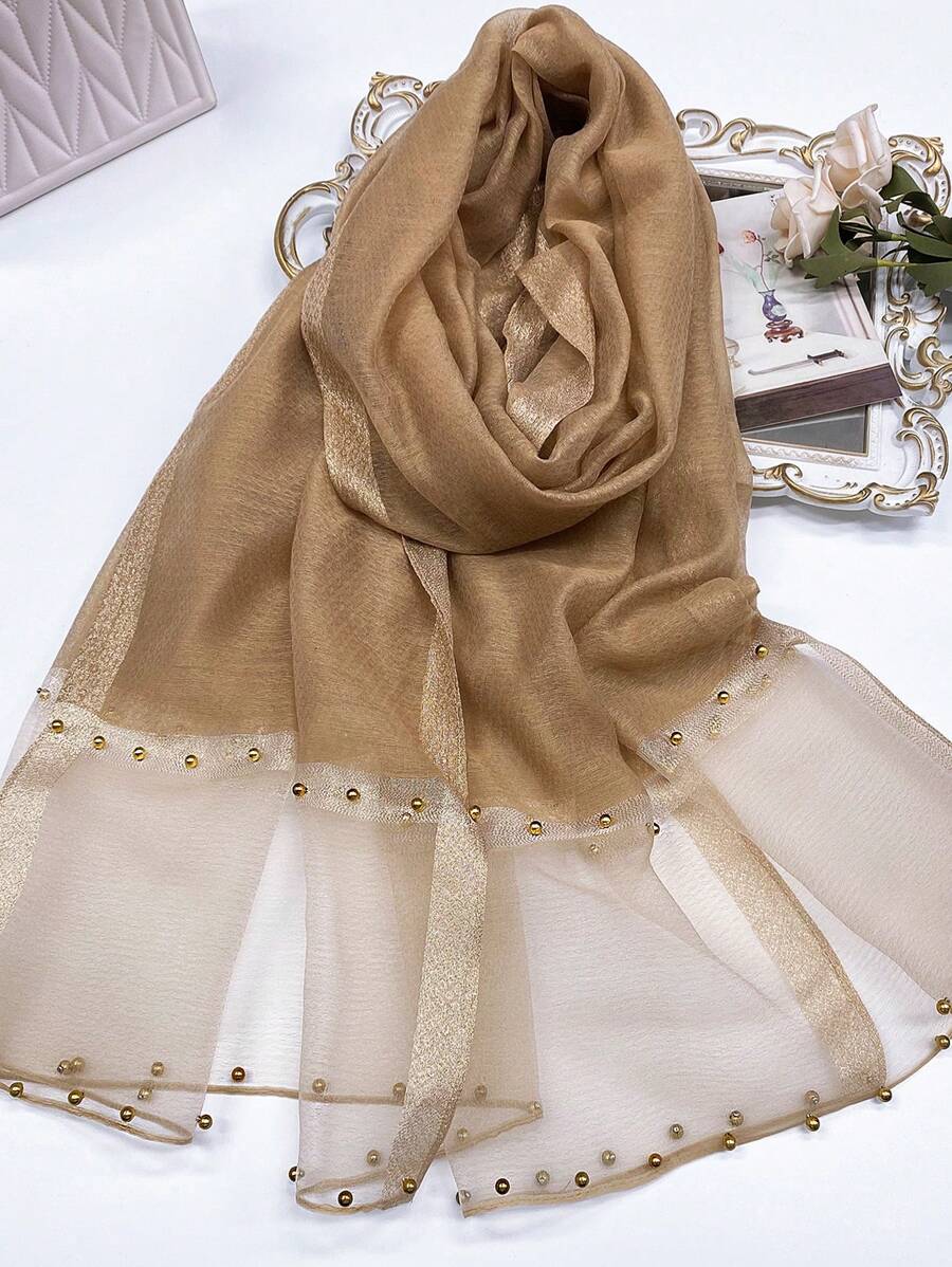 1 pièce Châle en soie mûrier et laine mélange vert unicolore avec perles, écharpe en mousseline de soie élégante avec perles, convient pour la protection solaire des voyages estivaux, écharpe de décoration d'automne/hiver pour se réchauffer - Camel - Voir 1