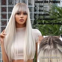Natural Long Straight Hair Wig For Women With Bang Blonde Wig Heat Resistance Synthetic Hair Wig Hairpiece With Elastic Nylon Hair Net For Cosplay Party Daily Use