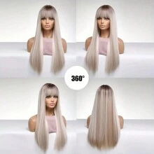 Natural Long Straight Hair Wig For Women With Bang Blonde Wig Heat Resistance Synthetic Hair Wig Hairpiece With Elastic Nylon Hair Net For Cosplay Party Daily Use