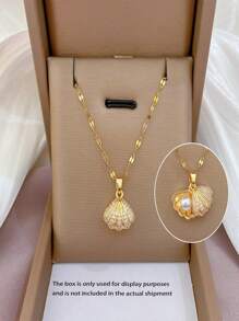 韓式鑽石鑲嵌時尚貝殻&人造珍珠頸鏈,女性專用鈦鋼不褪色鍊,時尚扇形吊墜 - 金色 - 查看 2