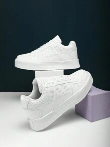 Nouvelles chaussures d'athlétisme pour hommes 2024, chaussures de skate à semelle épaisse avec laçage, chaussures décontractées à tige basse de couleur unie pour hommes, baskets toutes saisons, convenant pour la course en extérieur, le skateboard et d'autres activités de plein air - Blanc - Voir 4