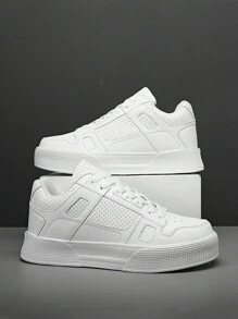 Nouvelles chaussures d'athlétisme pour hommes 2024, chaussures de skate à semelle épaisse avec laçage, chaussures décontractées à tige basse de couleur unie pour hommes, baskets toutes saisons, convenant pour la course en extérieur, le skateboard et d'autres activités de plein air - Blanc - Voir 3