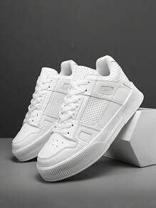 Nouvelles chaussures d'athlétisme pour hommes 2024, chaussures de skate à semelle épaisse avec laçage, chaussures décontractées à tige basse de couleur unie pour hommes, baskets toutes saisons, convenant pour la course en extérieur, le skateboard et d'autres activités de plein air - Blanc - Voir 2