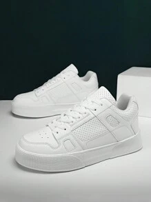 Nouvelles chaussures d'athlétisme pour hommes 2024, chaussures de skate à semelle épaisse avec laçage, chaussures décontractées à tige basse de couleur unie pour hommes, baskets toutes saisons, convenant pour la course en extérieur, le skateboard et d'autres activités de plein air - Blanc - Voir 5