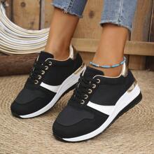 Black & White Patchwork Fish Scale Pattern Casual Lace-Up Platform Sport Sneakers For Women - Black - View 3