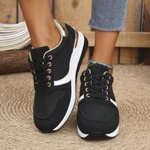Black & White Patchwork Fish Scale Pattern Casual Lace-Up Platform Sport Sneakers For Women - Black - View 5