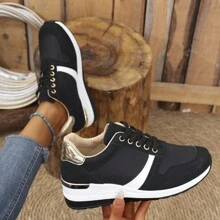 Black & White Patchwork Fish Scale Pattern Casual Lace-Up Platform Sport Sneakers For Women - Black - View 1