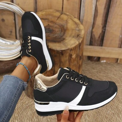 Black & White Patchwork Fish Scale Pattern Casual Lace-Up Platform Sport Sneakers For Women