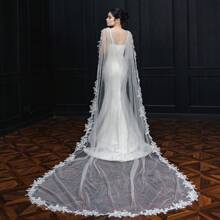 1pc Bridal Lace Trim Shawl Faux Pearl Detail Lace Bridal Cape, Hot Air Can Reduce Wrinkles