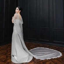 1pc Bridal Lace Trim Shawl Faux Pearl Detail Lace Bridal Cape, Hot Air Can Reduce Wrinkles