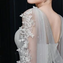 1pc Bridal Lace Trim Shawl Faux Pearl Detail Lace Bridal Cape, Hot Air Can Reduce Wrinkles