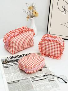 1-częściowa, kraciasta, falbankowa torba do przechowywania kosmetyków, podpasek, przenośna kosmetyczka, kraciasta kosmetyczka, zestaw w kratkę, torba do przechowywania pędzli kosmetycznych, damska torebka, kosmetyczki, duża pojemność, puszysta, kratkowana, ośmiokątna kosmetyczka, kosmetyczka do przechowywania szminek, prezent ślubny, druhna, prezent dla mamy, prezent urodzinowy, prezent na Boże Narodzenie, prezent dla przyjaciół i nauczycieli, wystrój domu, łazienka, salon, sypialnia, wystrój - Czerwony - Zobacz 16