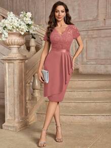 MIUSOL Floral Lace V-Neck Ruffle Trim Wrap Hem Cocktail Party Bodycon Dress, Wedding Guest Dress - Dusty Pink - View 11