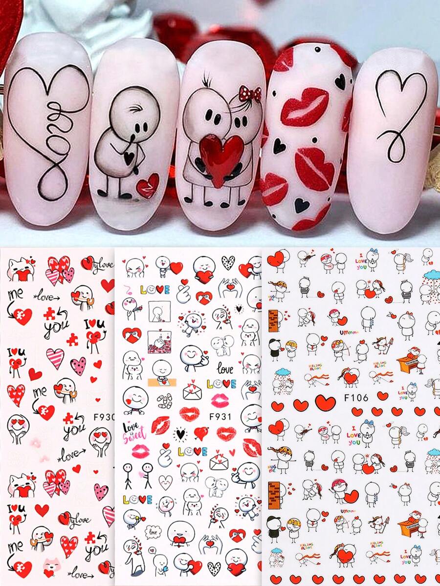 Sweet Galentine's Day Nail Art Set 3D Sweetheart Love Couple, Romantic Line Letter Cartoon Sliders, Perfect DIY Nail Stickers For Bestie, Girlfriend Gifts Back To School 3pcs