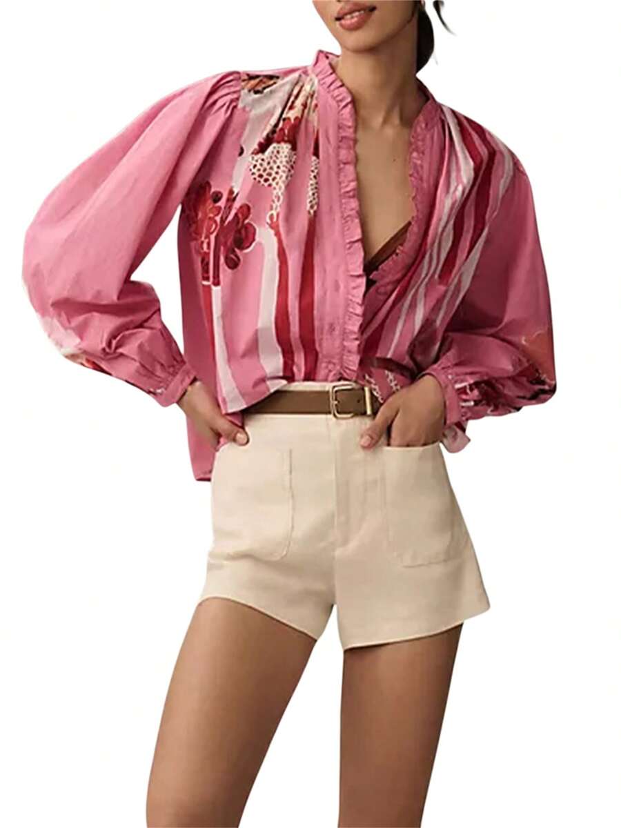 Women Long Sleeve Shirts Floral Print Ruffles Button Down Fashion Blouses Spring Loose Casual Shirt Tops - Pink - View 1