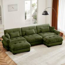 Oversized Modular Sectional Sofa, 130 Inch U Shaped Couch Set For Living Room, 3-Seater Comfy Velvet Cloud Couches With Movable Ottoman, Round Bolster Armrest - Green+2 Ottomans - View 1