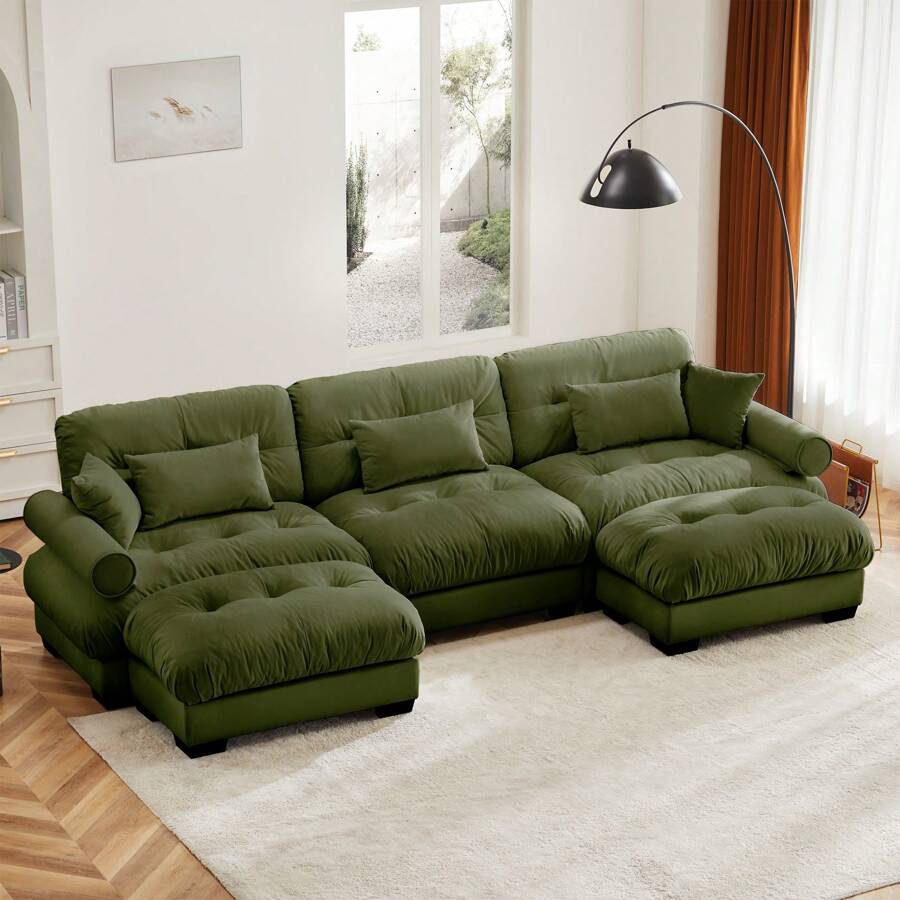 Oversized Modular Sectional Sofa, 130 Inch U Shaped Couch Set For Living Room, 3-Seater Comfy Velvet Cloud Couches With Movable Ottoman, Round Bolster Armrest - Green+2 Ottomans - View 1