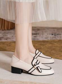 Mengshangli 法式方头粗跟套脚式精致仙女风高跟鞋，适合工作场合，优雅休闲。 - 米色 - 查看 5