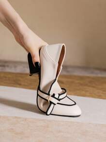 Mengshangli 法式方头粗跟套脚式精致仙女风高跟鞋，适合工作场合，优雅休闲。 - 米色 - 查看 3