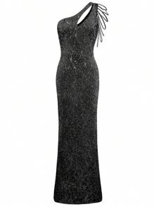 Women's Sequin Prom Dress - One Shoulder Maxi Dress Gowns And Evening Dresses For Party Wedding Guest - Black - View 6