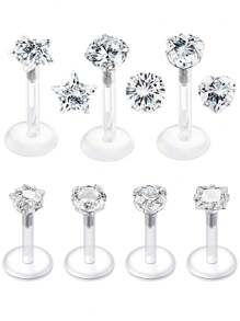 CIZME 1 Set mit 8 Stücken klassischer, durchsichtiger UV-Plastik-Barbell, 16G Lippenpiercing und Knorpelohrringe, rund, quadratisch, Herz, Pentagramm, Würfelform, transparente Lippenstifte und Ohrknorpelpiercing für Frauen und Männer, Alltagsgebrauch, 6mm, 8mm, 10mm Länge