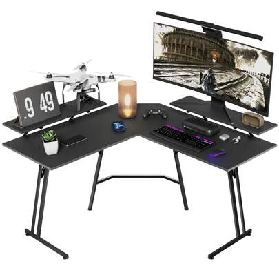 LILIIN Gaming Tisch Groß Gaming Schreibtisch L-förmiger Computertisch mit/ Ohne Monitorständer, Kohlefaseroberfläche Ergonomischer Eckschreibtisch für Gaming und Homeoffice