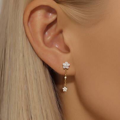 EleRunis 1对925纯银五叶花流苏女耳钉耳钉耳钉耳钉耳钉耳钉精美珠宝适合日常佩戴婚礼派对订婚周年纪念情人节