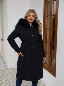 Risissida Women's Long Coat For Autumn/Winter - Faux Fur Collar, Adjustable Waist Belt, Fashionable For Commuting - Black - View 9