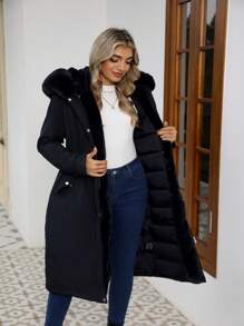 Risissida Women's Long Coat For Autumn/Winter - Faux Fur Collar, Adjustable Waist Belt, Fashionable For Commuting - Black - View 7