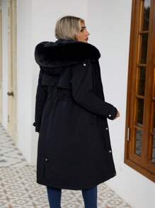 Risissida Women's Long Coat For Autumn/Winter - Faux Fur Collar, Adjustable Waist Belt, Fashionable For Commuting - Black - View 6