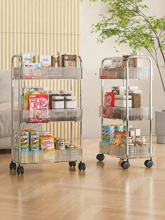 Carrito de acero inoxidable de acrílico transparente completo, estantería para aperitivos, para colocar al lado de la cama, carrito de piso para dormitorio o cocina, con ruedas universales móviles, estantería de almacenamiento de cosméticos multinivel, carrito de 3 o 4 niveles, carrito de estantería para decoración exterior