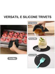 Pack Of 4, Multi-Purpose Silicone Thermal Insulation Pad, Microwave Oven Pad, Kitchen Thermal Pad, Hot Dish Thermal Insulation Pad, Placemat, Suitable For Hot Pot Pots, Bowls, Kitchen Counters, Heat Resistant - Black - View 6