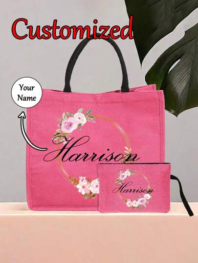 2pcs/Set Customized Name With Floral Wreath Pattern Tote Bag And Makeup Pouch Set, Women'S Linen Large Capacity Handbag, Shopping Bag, Portable Casual Storage Handbag, Suitable For Daily Travel, Beach Vacation, Large Capacity Shopping Bag, Very Suitable For School, Birthdays, University, Work, Business, Adorable,Kawaii,Y2K,Vacay Vibes/Vacation,Leisure,Commuting,Business Casual,Custom,Personalized,Unique,Customized,Travel Bag,Tote Bag Large,Girlfriend,Boyfriend,Family,Friends,For Outdoors/Outings/Travel/Hiking/Stadium/Sports/Climbing,For Business/Commute/Work/Office,Vacation