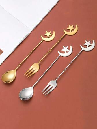 1 pieza Cubiertos de acero inoxidable con diseño de luna y estrella, incluye cuchara, tenedor, tenedor de fruta, cuchara de café con mango largo, cuchara de pastel y postre