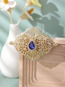 1pc Elegant Gold-Color Rhinestone Inlaid Brooch Pin, Delicate Hollow-Out Design, Vintage Style Brooch, Perfect For Moroccan Bride, Wedding, Party, Event