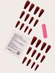 Instantly Upgrade Your Look With 24pcs Long Coffin Burgundy Solid Color Matte Fake Nail & 1pc Nail File & 1sheet Tape Press On Nails Nail Supplies - Burgundy - View 2
