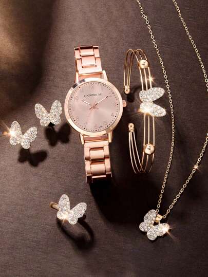 6 件/套时尚可爱的玫瑰金儿童石英表和蝴蝶项链、手链、耳环、戒指首饰套装，适合儿童礼物、返校礼物、外出礼物