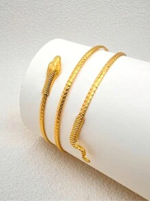 1pc Snake-Shaped Adjustable Metal Plated Bangle Bracelet, European & American Fashion Creative Personalized Exaggerated Cuff Accessory, Suitable For Women Daily Use For Party, Stroll, Travel